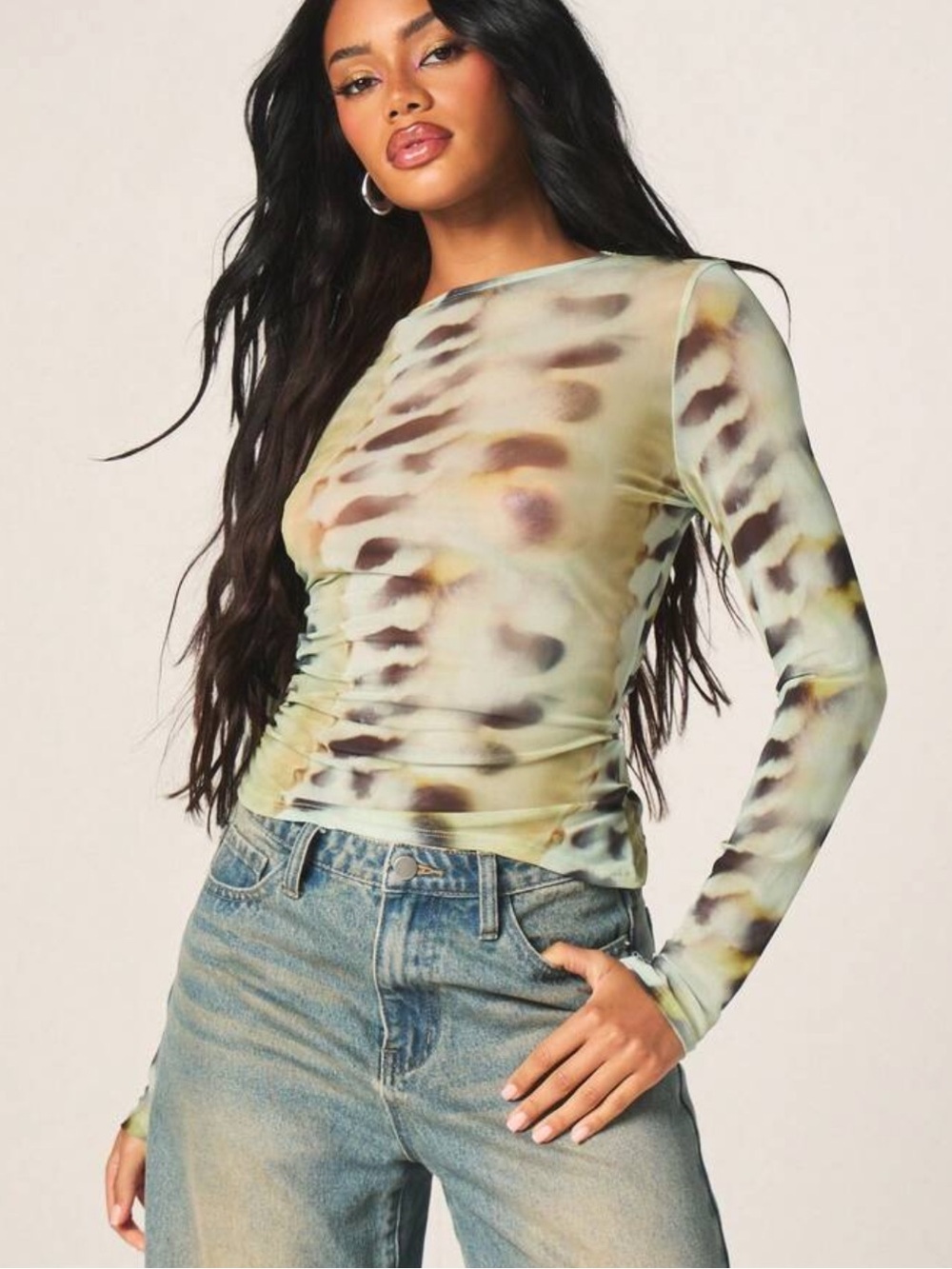 Sheer Tie-Dye Long Sleeve Crewneck Top